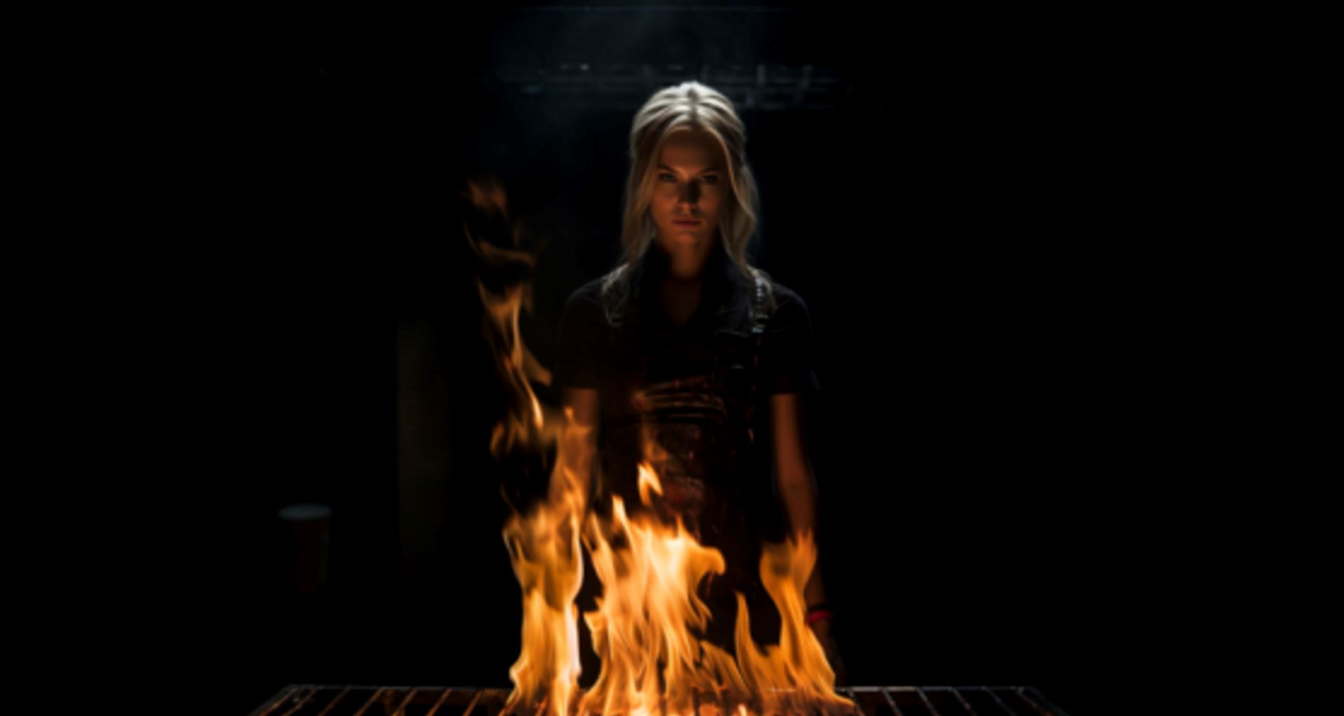 Eine Frau vor einem Grill in dem ein großes Feuer brennt