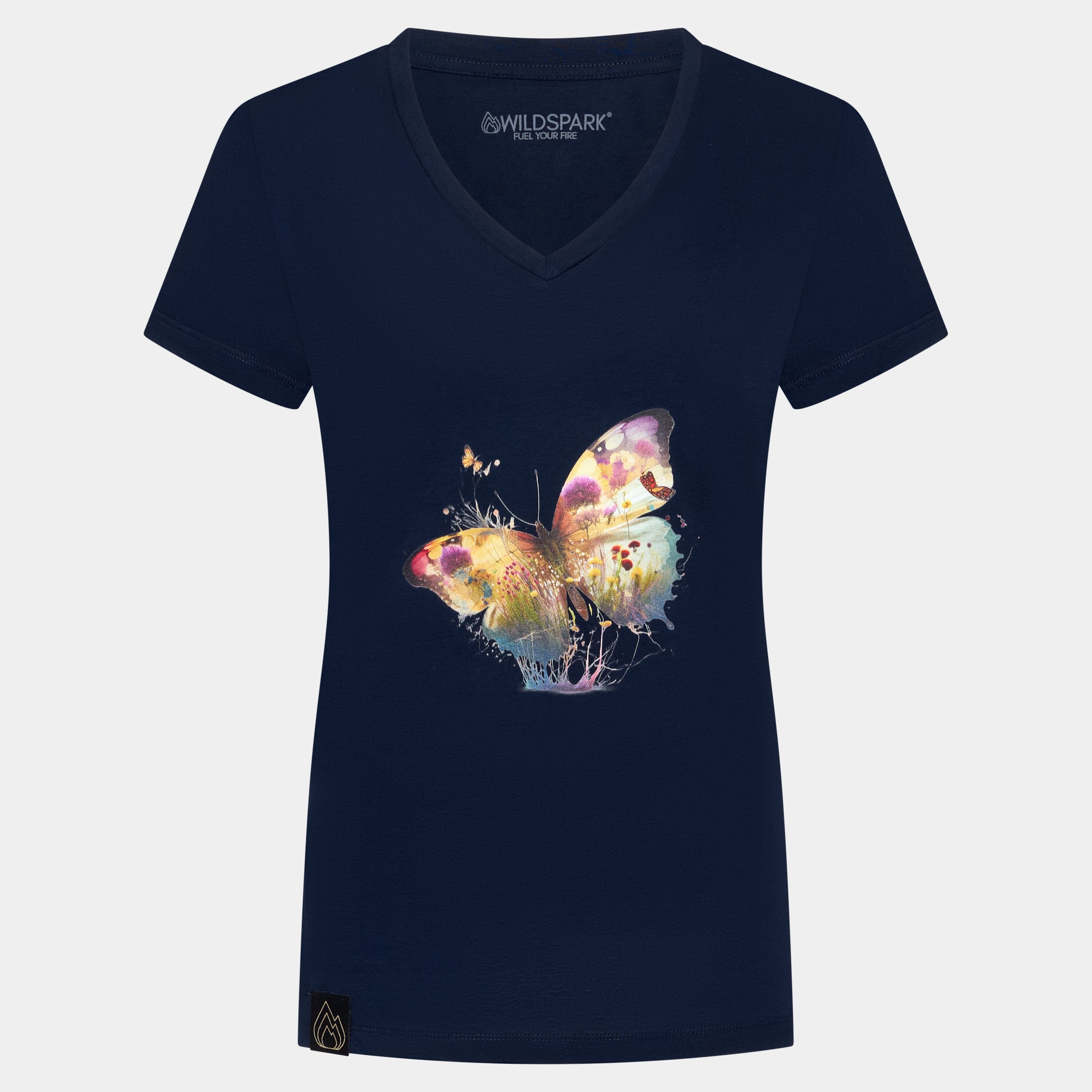 Schmetterlingswiese - Damen Organic V-Neck Shirt V-Neck Shirts Wildspark Navy Blau S 
